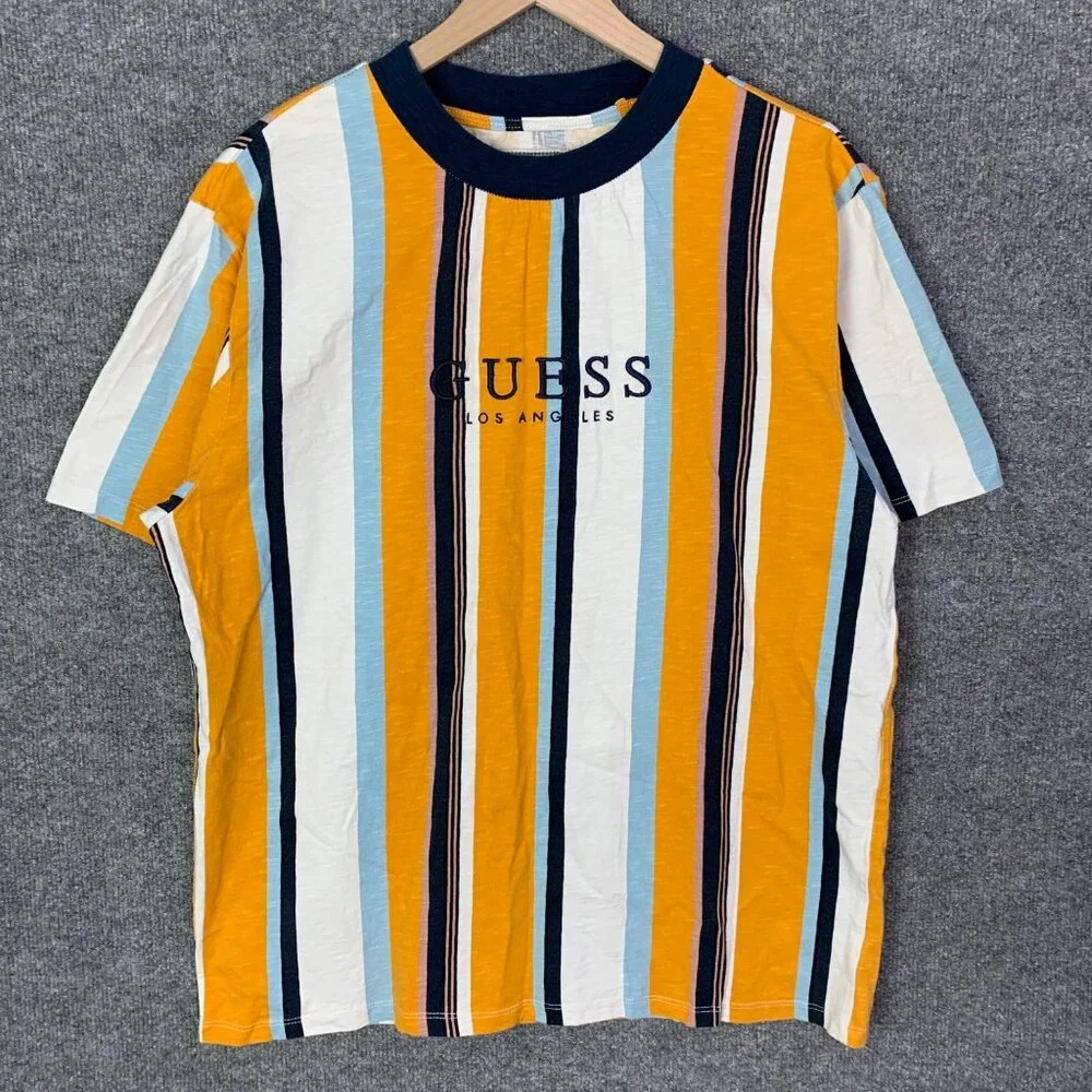 Vintage 90’s Guess T Shirt Mens Sz Medium Short Sleeves Logo Embroidered Striped - Picture 1 of 7